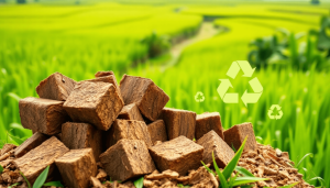 Coconut briquettes contribute to clean energy Kolase visual proses produksi briket kelapa yang menunjukkan pemanfaatan limbah