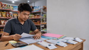 Pemilik minimarket mengatur ulang barang dagangan di rak agar stok lebih rapi dan pengelolaan toko menjadi lebih efisien.