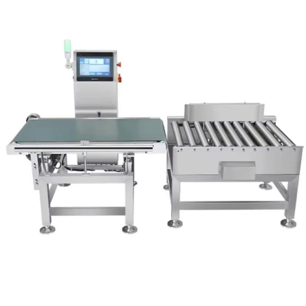 Check weigher otomatis dengan conveyor belt dan roller conveyor untuk pemeriksaan berat karton pada lini produksi industri.
